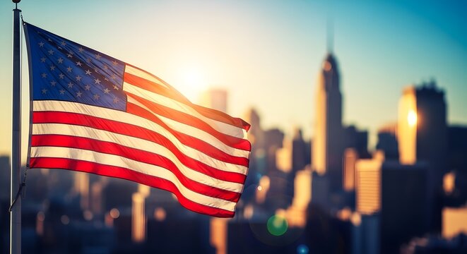 American labor day celebration with usa flag waving in front of city skyline at sunset