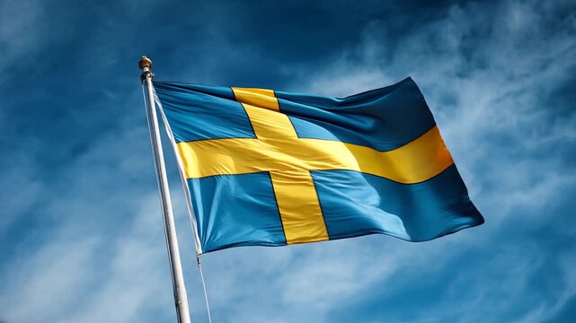 swedish flag waving in blue sky. flag of sweden
