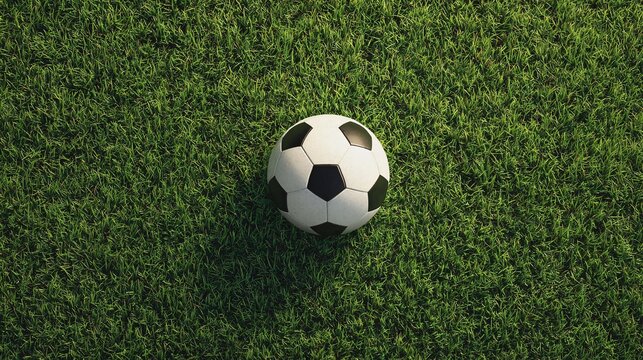 Overhead view of a classic black and white soccer ball positioned on a dense, textured green field, creating a visually striking composition for sports-related concepts.