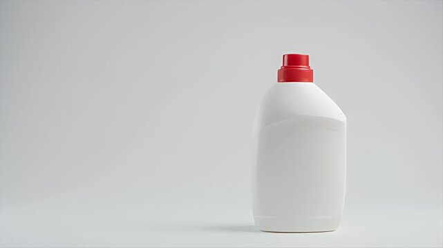White plastic detergent bottle mockup with red cap on white background. Minimalist studio packshot with copy space.