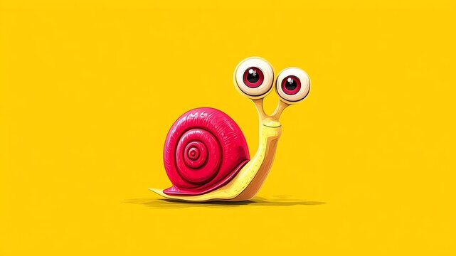 Cute 3D Cartoon Snail with Big Eyes and Pink Shell on Yellow Background