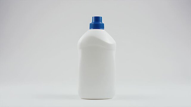 Blank white laundry detergent bottle with blue cap, isolated on white background. Clean plastic bottle mockup.