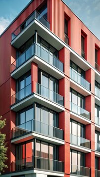 Modern residential building faade stands out against a clear blue sky with minimalist architectural lines and sleek glass surfaces