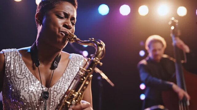 Female jazz musician plays saxophone on stage with band, live performance