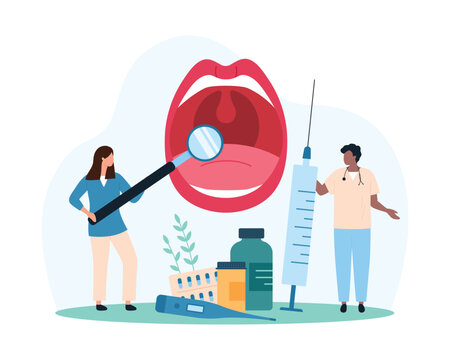 Diagnosis and treatment of sore throat, ENT infection with bacteria and viruses, inflammation of tonsils. Tiny people with magnifying glass examine open human mouth cartoon vector illustration