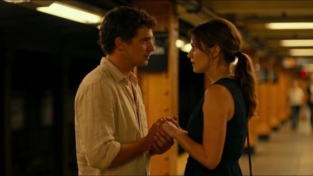 Romantic couple holding hands and talking in a subway station corridor, sharing an intimate emotional moment in an urban public transport environment.