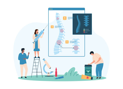 Diagnosis and treatment of spinal column diseases. Tiny people check for inflammation in intervertebral discs on anatomy human spine chart, holding injection syringe cartoon vector illustration