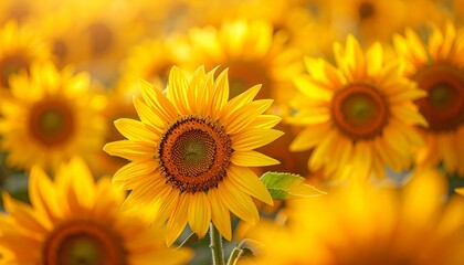 Obraz premium Close-up of a vibrant yellow sunflower in a vast, sun-drenched field during the golden hour. The background is beautifully blurred, creating a warm, dreamy bokeh effect. Concept of nature.