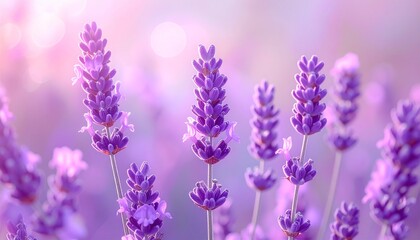 Obraz premium Beautiful lavender flowers in a soft, dreamy field at sunset. Close-up shot with shallow depth of field, creating a gentle purple and pink bokeh background. Ideal for aromatherapy and wellness.