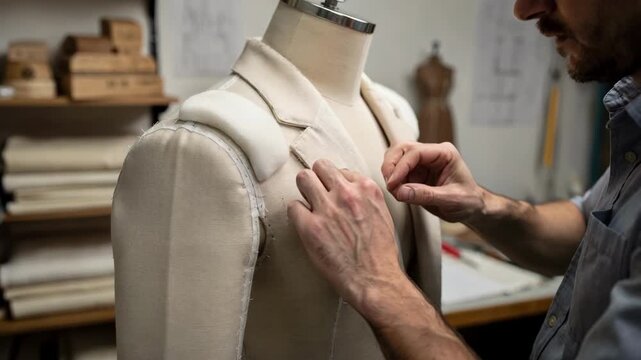 Medium shot of a tailor skillfully attaching thick shoulder padding to a jacket frame highlighting precision in structured garment construction.