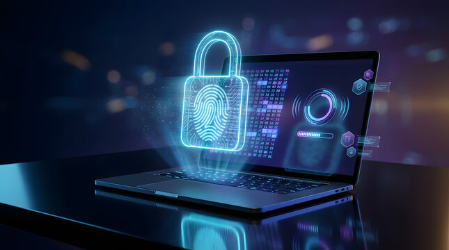 cyber security concept with holographic padlock and fingerprint scanning on laptop screen for data protection digital privacy biometric authentication and network safety in dark office