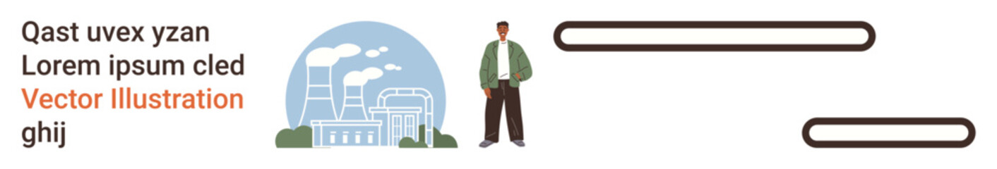 Environmental awareness, industrial labor, climate action, eco-friendly initiatives, energy production, factory modernization. A person stands near factories and equipment. Environmental awareness © robu_s