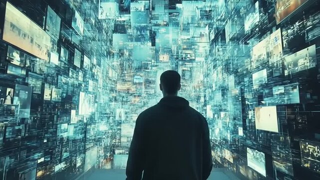 Man Standing in Front of Multiple Screens Displaying Various Images.