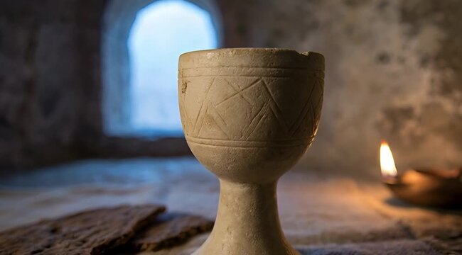 Ancient chalice and bread on cloth with candle and window light. 4K video about the Passion of Christ, Easter.