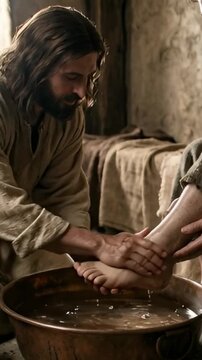 Jesus washes the feet of a disciple in a humble setting, showing humility and service. 4K video about the Passion of Christ, Easter.