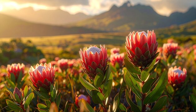 Vibrant pink King Protea flowers blooming in a scenic mountain landscape at sunrise. The warm golden light of dawn illuminates the beautiful blossoms and tranquil, natural scenery in the background