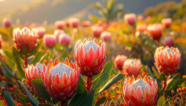 Stunning field of King Protea flowers blooming in South Africa, bathed in the warm, magical light of a golden hour sunset. The soft focus background enhances the vibrant pink floral beauty.