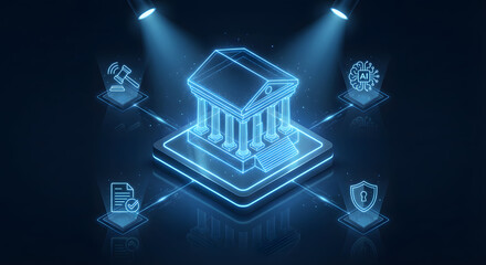 Obraz premium digital government and smart city concept with glowing neon courthouse building and icons for electronic law ai justice online document security and judicial technology