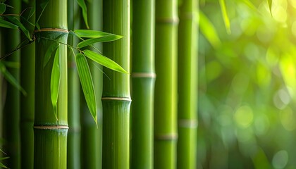 Obraz premium Vibrant green bamboo grove background with lush stalks and leaves. Serene natural scene from an Asian forest with soft sunlight, creating a peaceful and tranquil atmosphere for zen or spa concepts.