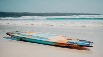 Vibrant surfboard artfully positioned on a sun-kissed sandy beach, with gentle waves rolling in the background, creating a serene coastal scene and inviting atmosphere.