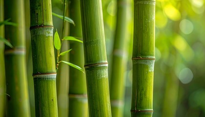 Obraz premium Close-up of vibrant green bamboo stalks in a tranquil forest with soft, natural sunlight filtering through the leaves, creating a peaceful and serene background with a beautiful bokeh effect.