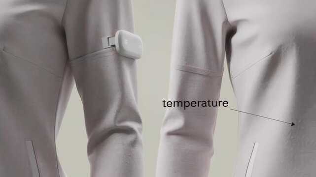 Focus on a sensorized blouse featuring removable modules demonstrating easy detachment and reattachment for versatile health tracking.