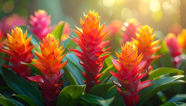 Vibrant red and orange bromeliad flowers blooming in a lush tropical garden. Beautiful close-up of exotic flora with bright morning sunlight creating a soft, warm glow and dreamy bokeh background.