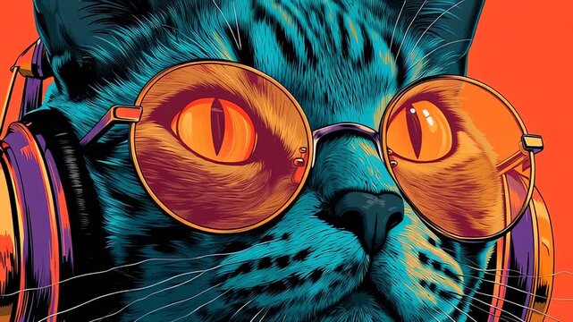 Cool Cat DJ Wearing Headphones and Sunglasses Stylized Illustration