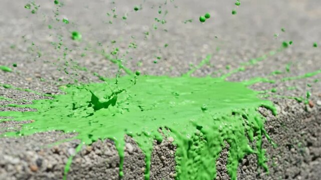 Green Paint Splashing on Concrete Surface.