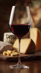 Naklejka premium Elegant display of red wine glass with assorted cheeses in a rustic setting