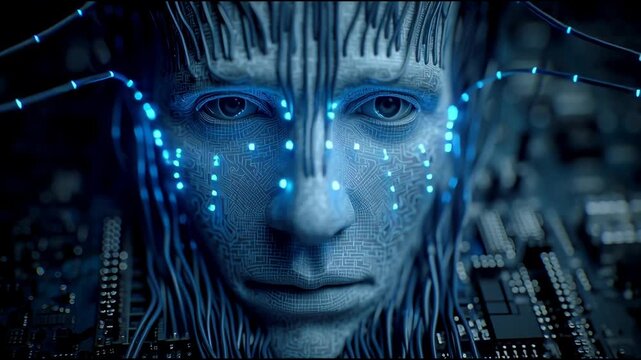 Faint Human Face Appears in Digital Display as Glowing Lights Move Around in a Detailed Mechanical Setting