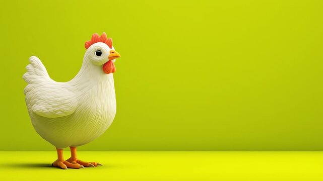 Cute White Chicken 3D Cartoon Standing on Yellow Background