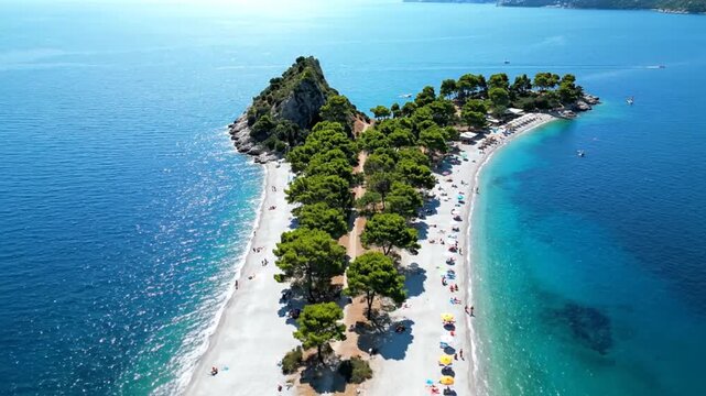 Gemini said

Aerial view of a tropical island resort featuring a sandy beach and blue coastline with a summer vacation landscape of the sea and ocean bay