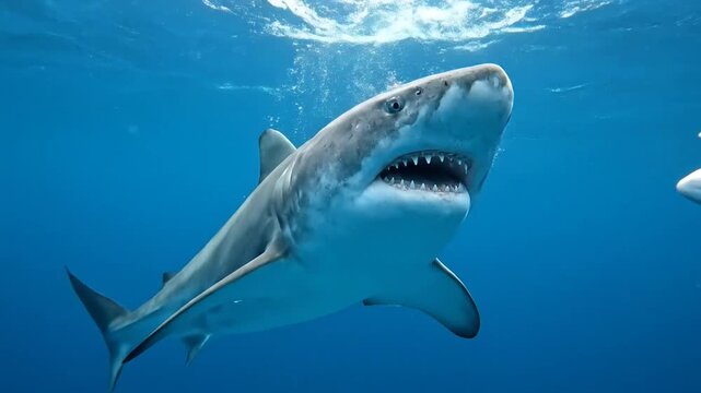 A great white and blue shark predator swims through the deep blue tropical ocean water near a coral reef with open jaws and sharp teeth
