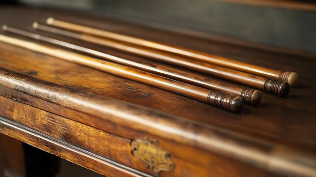 Close-up of vintage wooden billiard cues on a classic billiard table