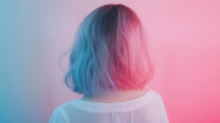 Back view of a woman with split dyed hair in pink and blue tones