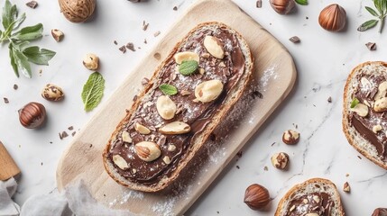 Delicious hazelnut spread toast with nuts and mint on marble surface