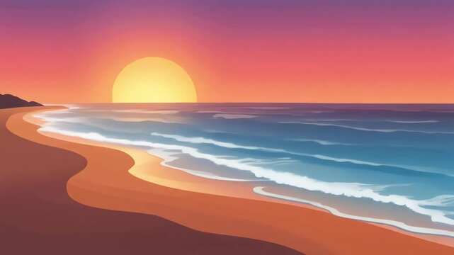 Peaceful beach sunset cartoon scene with rolling sea waves on shore. Ideal for lo-fi music backgrounds or tropical vacation presentations