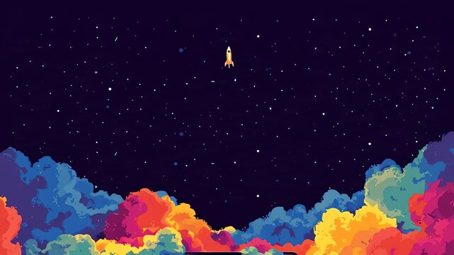 Pixel Art Rocket Launch from Laptop Screen Into Colorful Space