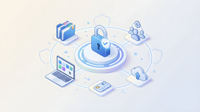 isometric cyber security concept with central padlock icon surrounded by digital data protection symbols for cloud storage banking privacy and network safety solutions