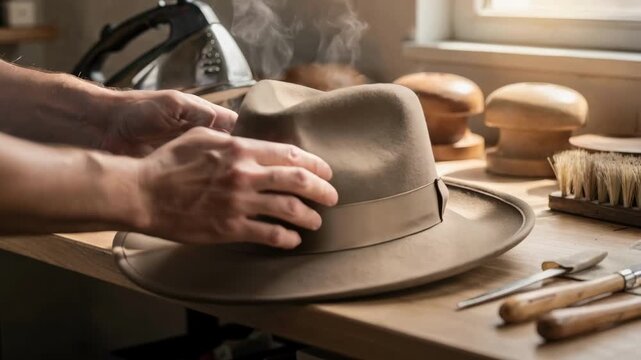Closeup of hands steam pressing a classic fedora hat refining its shape and smoothing the brim to achieve a polished sharp silhouette in a tidy workshop setting.