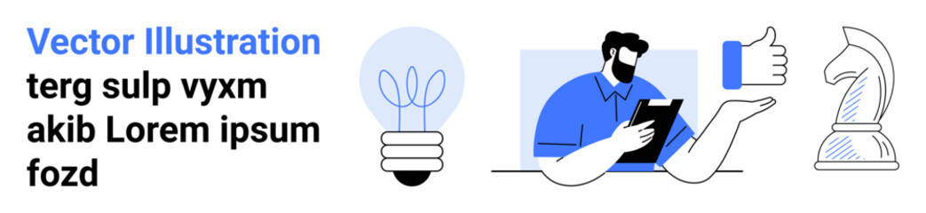 Business growth, project management, design thinking, innovation, modern marketing, strategic planning. Light bulb, person with tablet thumbs-up chess piece. Design thinking and innovation concept