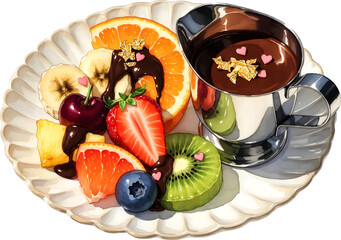 Fresh fruit platter with chocolate dipping sauce for Valentine celebration watercolor illustration
