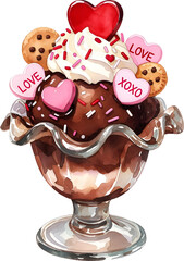 Chocolate ice cream sundae topped with heart candies and cookies watercolor illustration