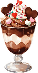 Tall chocolate parfait glass topped with whipped cream and heart sprinkles watercolor illustration