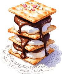 Stacked chocolate and marshmallow sandwich sweets drizzled with syrup watercolor illustration