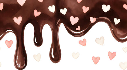 Seamless dripping chocolate border with small pink hearts watercolor illustration