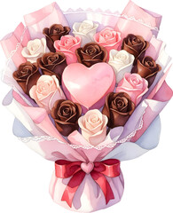 Romantic chocolate rose bouquet with heart centerpiece watercolor illustration