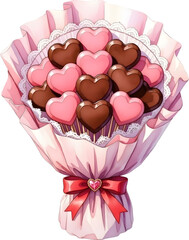 Bouquet of heart chocolates wrapped in pink paper watercolor illustration