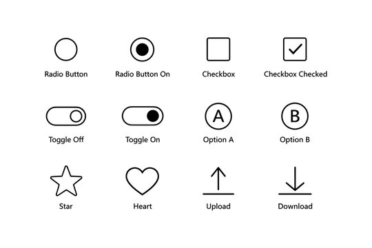 Ui elements: radio buttons, checkboxes, toggles, options, icons